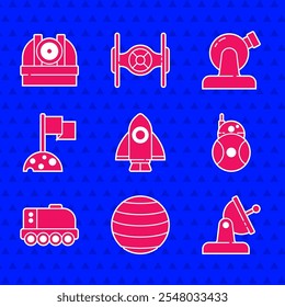 Set Rocket ship, Planet Venus, Satellite dish, Robot, Mars rover, Moon with flag, Astronomical observatory and  icon. Vector