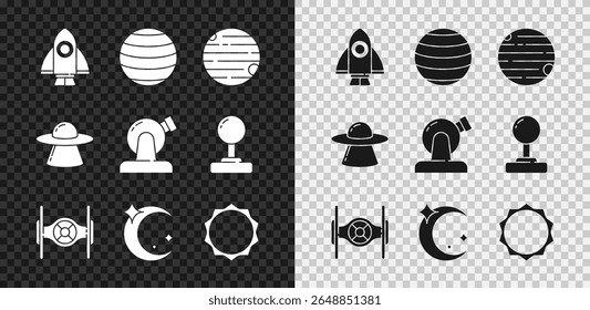 Set Rocket ship, Planeta Vênus, Cósmico, Lua e estrelas, Sol, nave espacial voadora UFO e ícone do observatório astronômico. Vetor