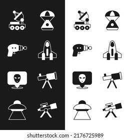 Set Rocket ship, Ray gun, Mars rover, Space capsule, Alien, Telescope,  and UFO flying spaceship icon. Vector