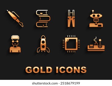 Set Rocket ship, Robot, Gamepad, Procesador con CPU, nerd geek, tirantes de pantalones, pluma fuente e icono de libro. Vector