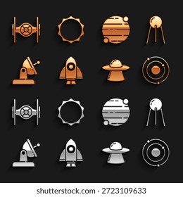 Conjunto de la nave cohete, satélite, sistema solar, nave espacial voladora OVNI, plato, planeta, cósmico y sol icono. Vector