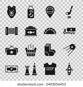 Set Rocket ship, Satellite, Tanker truck, Location Russia, Tin can with caviar, Accordion, Bear head and Dumpling icon. Vector