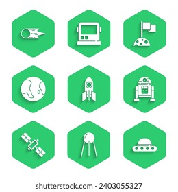 Set Rocket ship, Satellite, UFO flying spaceship, Robot, Earth globe, Moon with flag and Comet falling down fast icon. Vector