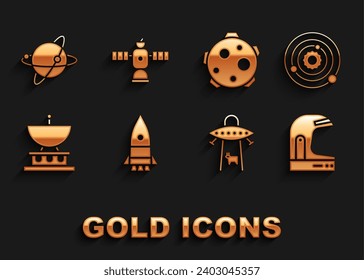 Set Rocket ship, Solar system, Astronaut helmet, UFO abducts cow, Satellite dish, Planet, Satellites orbiting the planet Earth and  icon. Vector