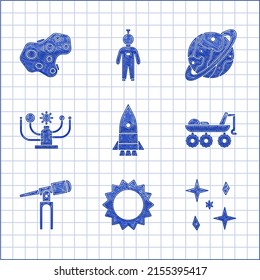 Juego de barcos de cohete, Sol, Estrellas caídas, Rótulo de Marte, Telescopio, Sistema Solar, Planeta Saturno e icono de Asteroides. Vector