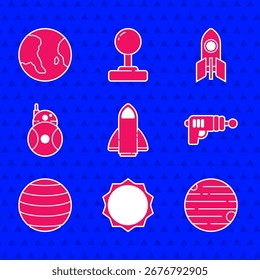 Set Raketenschiff, Sonne, Planet, Strahlenkanone, Venus, Roboter und Erdkugel Symbol. Vektorgrafik
