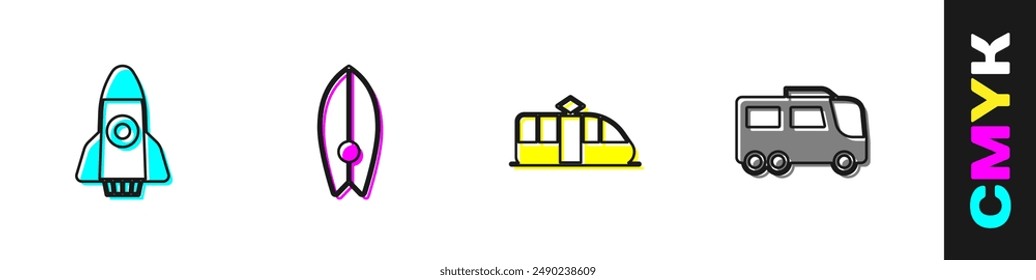 Set Rocket ship, Surfboard, Tram and railway and Bus icon. Vector