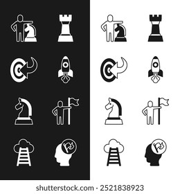 Set Rocket ship, Target, Chess, Man holding flag, Hand and Stair with finish icon. Vector