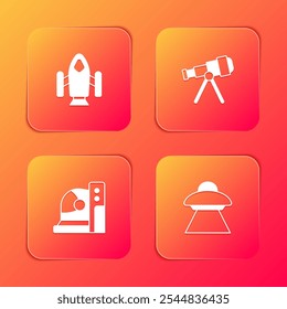 Set Rocket ship, Telescope, Astronaut helmet and UFO flying spaceship icon. Vector