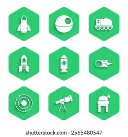 Set Rocket ship, Telescope, Astronomical observatory, Comet falling down fast, Solar system, Mars rover and  icon. Vector