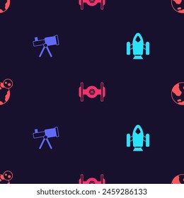 Set Rocket ship, Telescope, Cosmic and Earth globe on seamless pattern. Vector