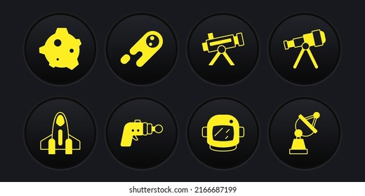 Set Rocket ship, Telescope, Ray gun, Astronaut helmet, Comet falling down fast, Satellite dish and Asteroid icon. Vector