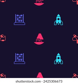 Set Rocket ship toy, Abacus, Toy boat and Slingshot on seamless pattern. Vector