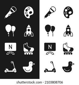 Set Rocket ship toy, Balloons, Microphone, Palette, Smart Tv, Roller skate, Rubber duck and scooter icon. Vector