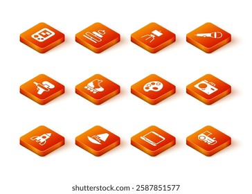 Set Rocket ship toy, Toy boat, Water gun, Roller skate, Laptop, Palette, train and Photo camera icon. Vector