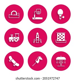 Set Rocket ship, Toy horse, Attraction carousel, Climbing wall, Skateboard trick, train, Racket and ball and Ferris wheel icon. Vector