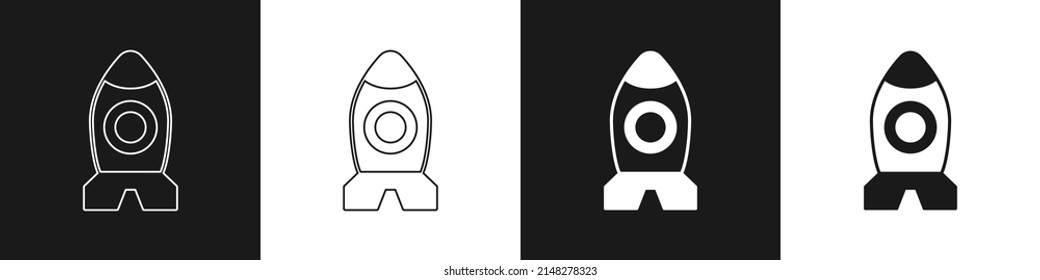 Set Rocket ship toy icon isolated on black and white background. Space travel.  Vector