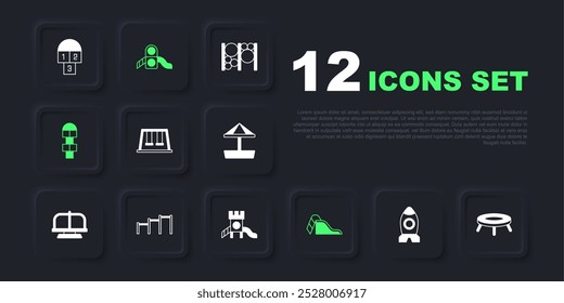 Set Rocket ship toy, Jumping trampoline, Swings for kids, Slide playground, Hopscotch, Sport horizontal bar,  and  icon. Vector