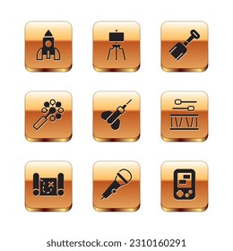 Set Rocket ship toy, Pirate treasure map, Microphone, Dart arrow, Rattle baby, Shovel, Tetris electronic game and Wood easel icon. Vector