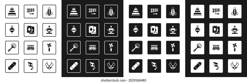 Set Rocket ship toy, Playing cards, Whirligig, Pyramid, Robot, Xylophone, Pinwheel and Rattle baby icon. Vector