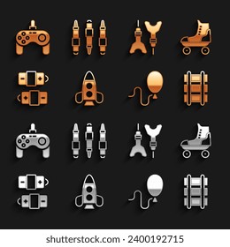 Set Rocket ship toy, Roller skate, Toy railway, Balloons, Battery, Dart arrow, Gamepad and Marker pen icon. Vector