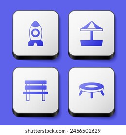Set Rocket ship toy, Sandbox with sand, Bench and Jumping trampoline icon. White square button. Vector
