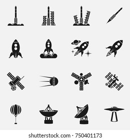 Set of rocket ships and satellites flat vector icons.