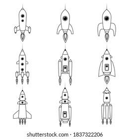 Set rocket space ship retro icon line. Vector illustration isolated