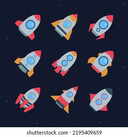 Set of rocket and spaceship flat design with black background