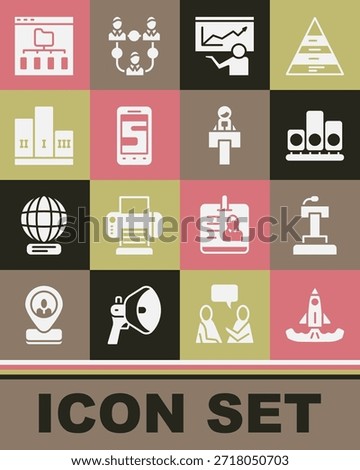 Set Rocket, Stage stand or tribune, Ranking star, Training, presentation, Chat messages phone, Award over winner podium, Browser files and  icon. Vector