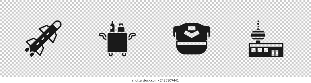 Set Rocket, Trolley for food, Pilot hat and Airport control tower icon. Vector
