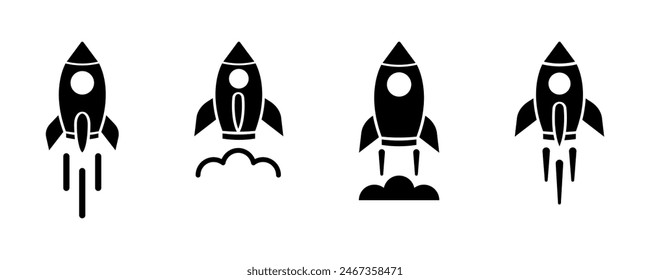 Set of rocket vector icons. Launch spaceship or spacecraft. Rocket fast flying for space.