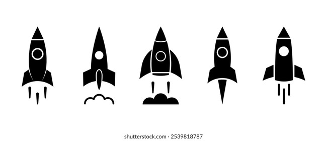 Set of rocket vector icons. Launch spaceship or spacecraft. Rocket fast flying for space.