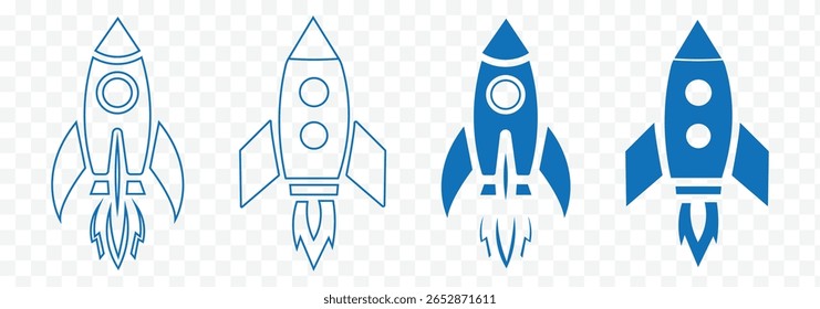 Set of rocket vector icons. Launch spaceship or spacecraft. Rocket fast flying for space. New business start up. Spaceship doodle with a rocket. eps 10
