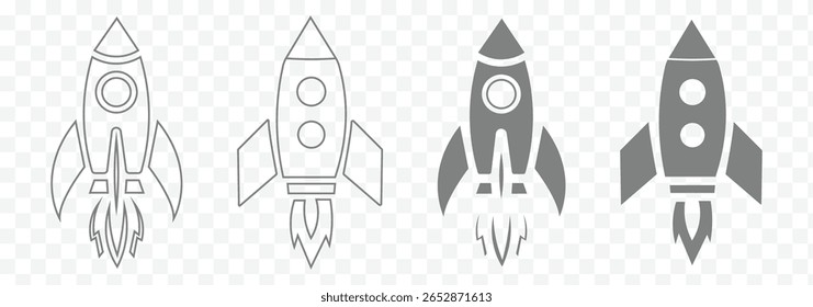 Set of rocket vector icons. Launch spaceship or spacecraft. Rocket fast flying for space. New business start up. Spaceship doodle with a rocket. eps 10