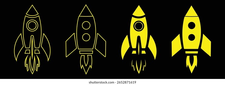 Set of rocket vector icons. Launch spaceship or spacecraft. Rocket fast flying for space. New business start up. Spaceship doodle with a rocket. eps 10