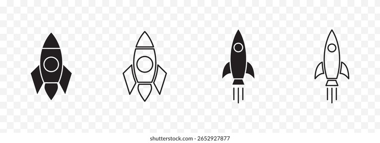 Set of rocket vector icons. Launch spaceship or spacecraft. Rocket fast flying for space. New business start up.
