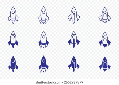 Set of rocket vector icons. Launch spaceship or spacecraft. Rocket fast flying for space. New business start up.

