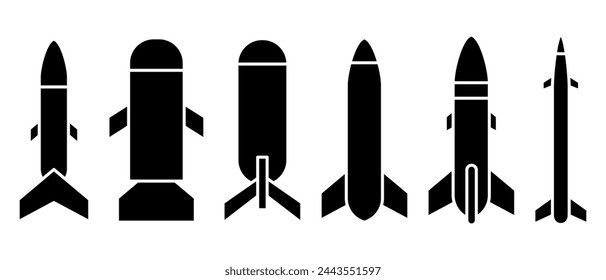 Set of rocket weapons. Rockets black silhouette icons. Vector illustration isolated on white background.