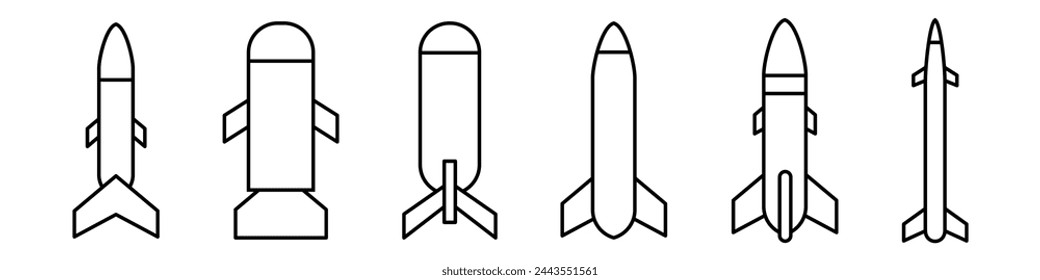 Conjunto de armas de cohetes. Iconos de la línea Rockets. Ilustración vectorial aislada sobre fondo blanco.