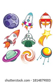 Set of rockets and alien spaceships