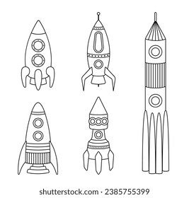 Set of rockets. Coloring page. Black and white rockets. Color me. Isolated vector illustration eps