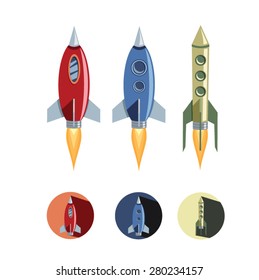 Set of rockets and set of flat rockets icons