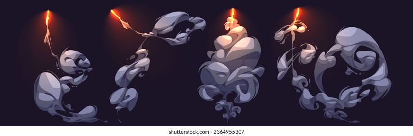 Set of rockets flying with smoke trail isolated in black background. Vector cartoon illustration of missile or bomb attack with fire and clouds of grey steam, abstract dust vortex, comic style design