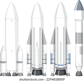 Set of rockets and launch vehicles illustration