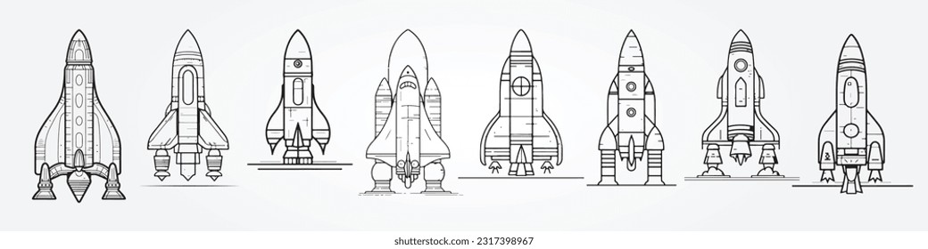 Set of Rockets line art Vector illustrations design isolated on white background