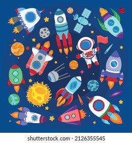 Set Of Rockets In Outer Space. Rockets With Astronaut, Planets, Sun, Stars, Satellites For Kids. Vector Cartoon Drawing.