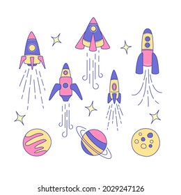 Set of  rockets, planets and stars icons in outline style. Color  isolated vector illustration .