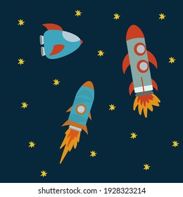 A set of Rockets in the solar system. Collection of vector illustrations of space transport. Bright intergalactic rockets for the design of children's illustrations. Vector illustration