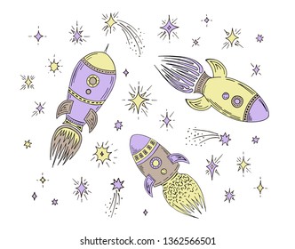 Set of rockets and stars in cartoon style. Vector Doodle icons illustration. Hand drawn ink sketch.